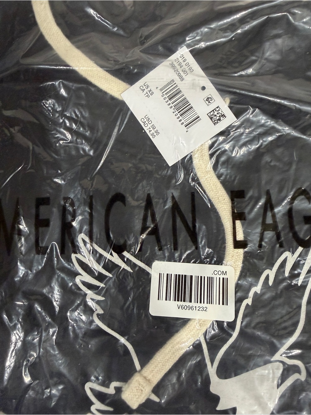 American Eagle Outfitters Navy Hoodie with White Logo and Cream Drawstrings